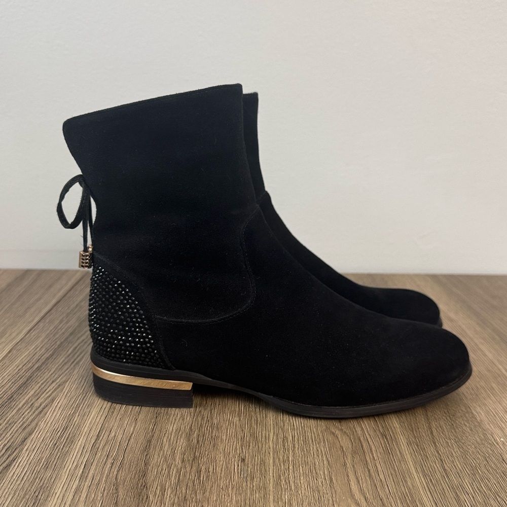 Passaggi Women’s Black Suede Ankle Boots EU 37 Rhinestone Heel Gold Zip